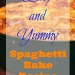 a photo of spaghetti with baked cheese on top and words that say easy and yummy spaghetti bake recipe