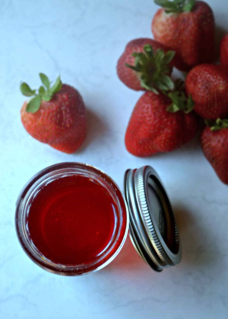 This is any easy recipe for homemade strawberry syrup. Make a little, or a lot, and it will last for months in the fridge.