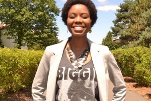 black and silver statement necklace, grey blazer, Biggie Smalls tank and teeny weeny afro