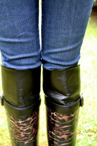 cheetah print rain boots with faux leather and buckle detail