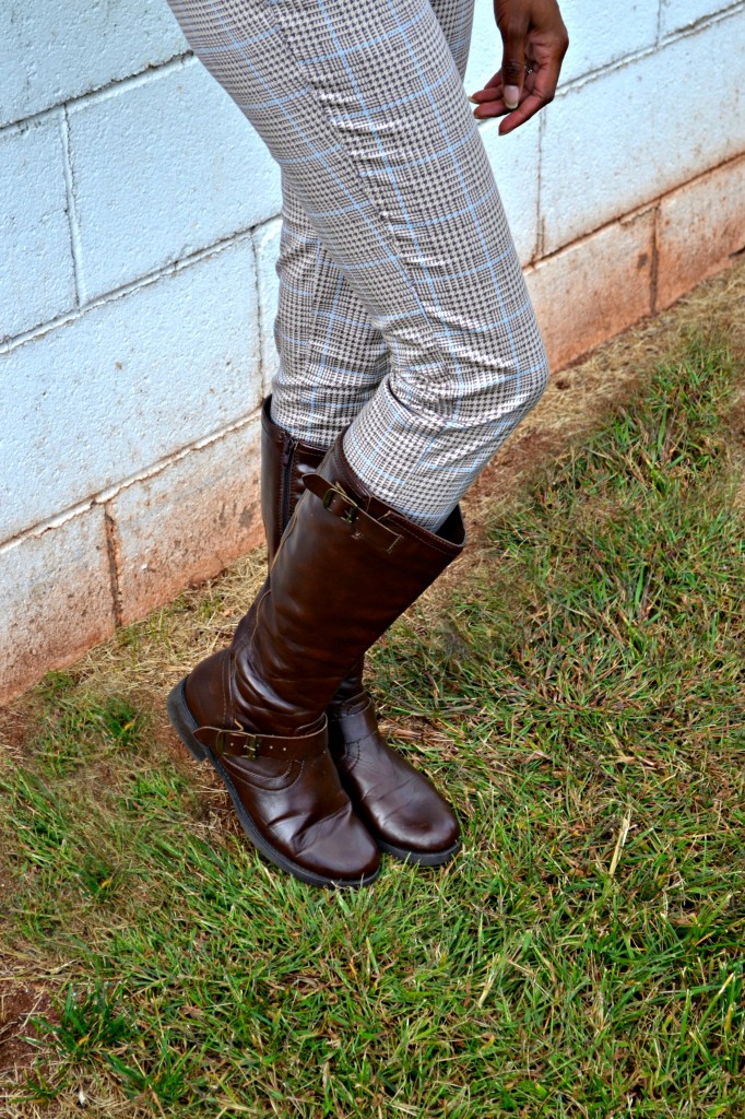 patterned pants, dark brown knee high boots