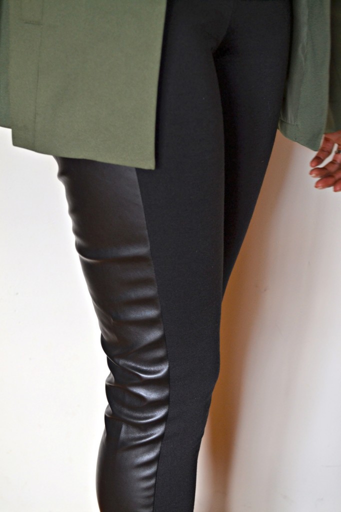 tuxedo style leggings with a faux leather panel