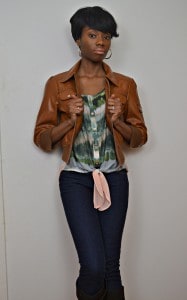 water color top paired with faux leather bomber jacket and boots #ThisIsStyle #cbias #Shop