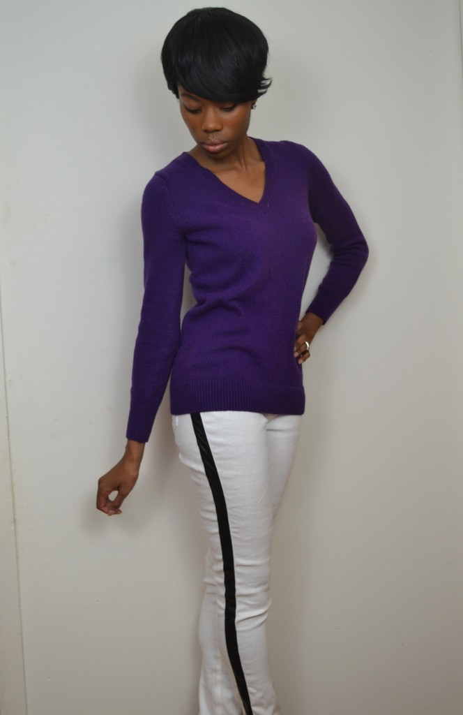 White tuxedos pants paired with a jewel tone sweater #ThisIsStyle #cbias #Shop