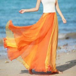 Orange color-blocked chiffon maxi skirt