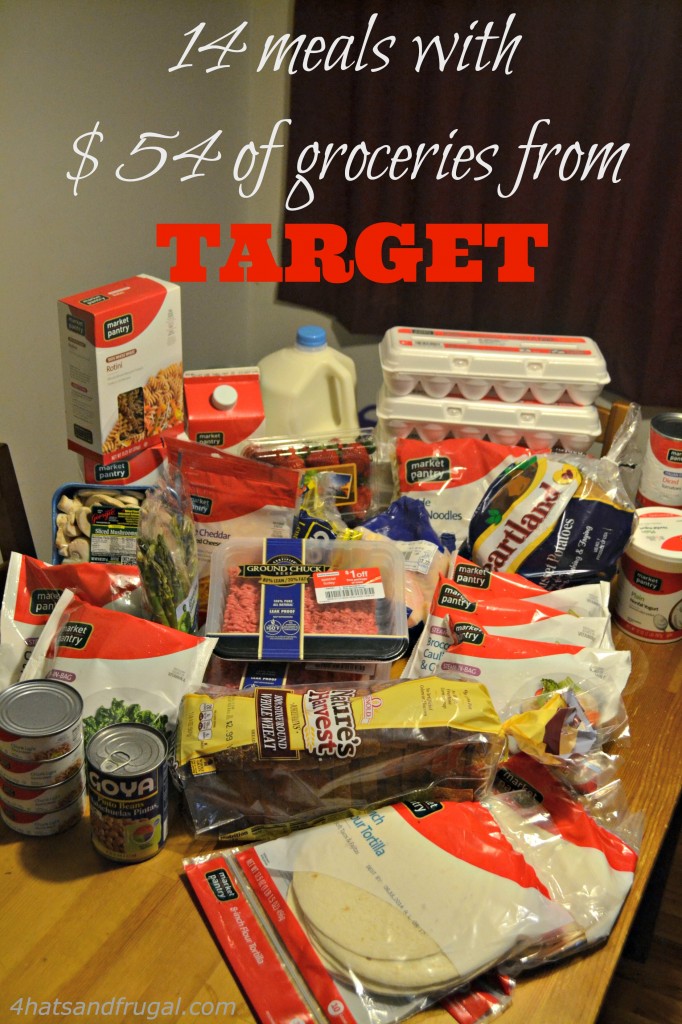 See how a 64 dollar grocery budget at Target can yield 14 meal ideas, including breakfast, lunch and dinner, for a whole week and more.
