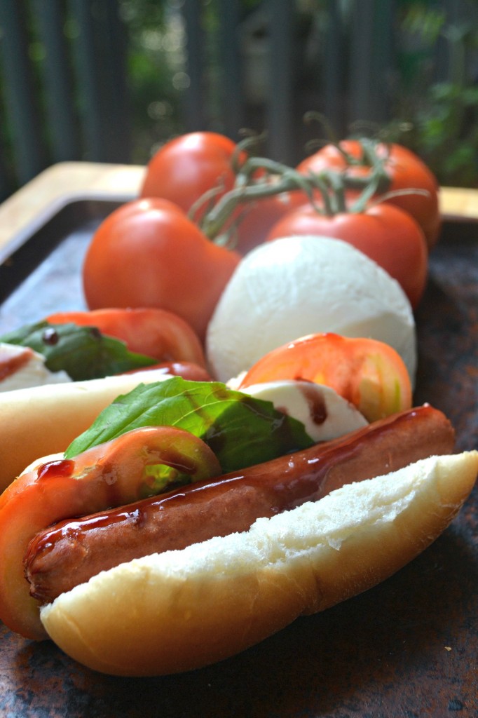 This is great twist on the usual hot dogs that we grill every summer. A blend of caprese salad and grilled hot dogs.