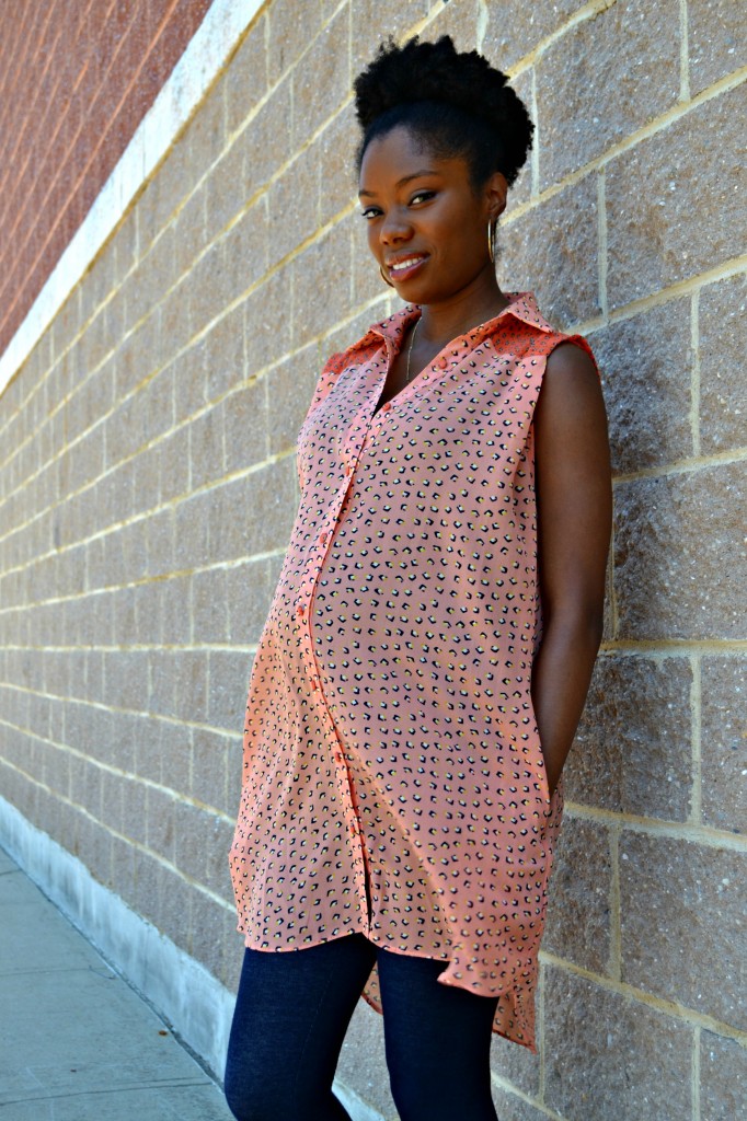 Fun maternity style outfit for the summer featuring a unique peach tunic.