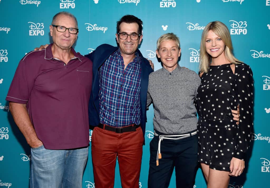 ANAHEIM, CA - AUGUST 14: (L-R) Actors Ed O'Neill, Ty Burrel, Ellen DeGeneres and Kaitlin Olson of FINDING DORY took part today in "Pixar and Walt Disney Animation Studios: The Upcoming Films" presentation at Disney's D23 EXPO 2015 in Anaheim, Calif. (Photo by Alberto E. Rodriguez/Getty Images for Disney) *** Local Caption *** Ed O'Neill; Ty Burrel; Ellen DeGeneres; Kaitlin Olson
